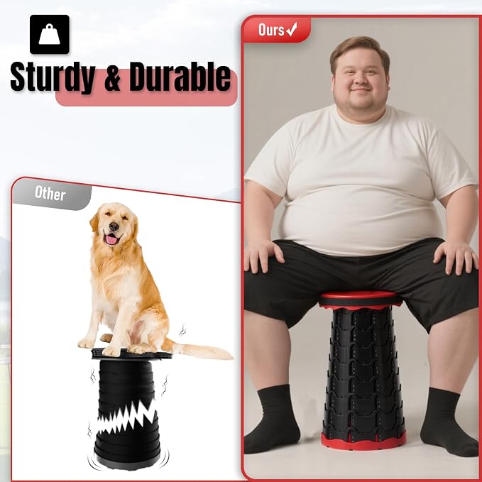 Doseno Collapsible Chair, Portable Collapsible Stool 2 Pack for Adults, Red | Banco plegable con altura ajustable y correa; pop up chair and foldable retractable stool for camping, fishing and hiking
