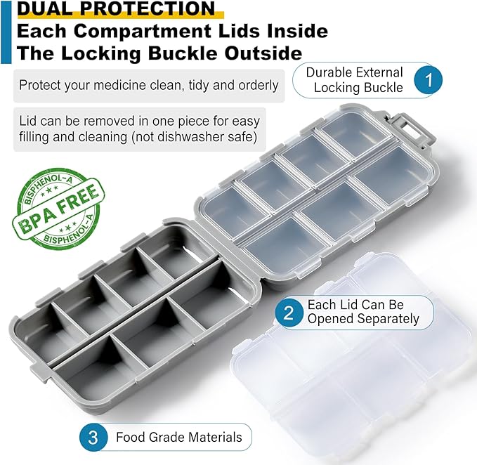 3 Pack 14 Grids Travel Pill Organizer Box with 415-Pcs Medicine Name Labels - Pocket Daily Pharmacy Case Container Kit - Travel Medication Holder Dispenser for Fish Oil Vitamin Supplement Storage