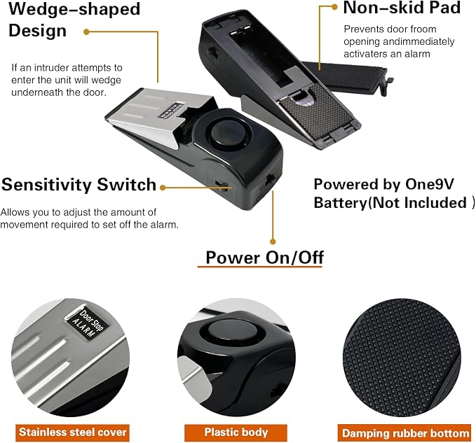 HNHMT 2 Pack Portable Door Stop Alarm, Door Stopper with 120db Loud Security Alarm, Travel Door, Doorstops Wedge Sensors Security Devices for Traveling Apartment Hotel and Home (Black)