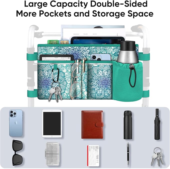FINPAC Large Walker Tote Bag w/Cup Holder, Folding Walker Attachment Pouch | Water-resistant Polyester, Organized Pockets, Reflective Strip, Mobility Aid Storage Basket for Seniors, Emerald Illusions