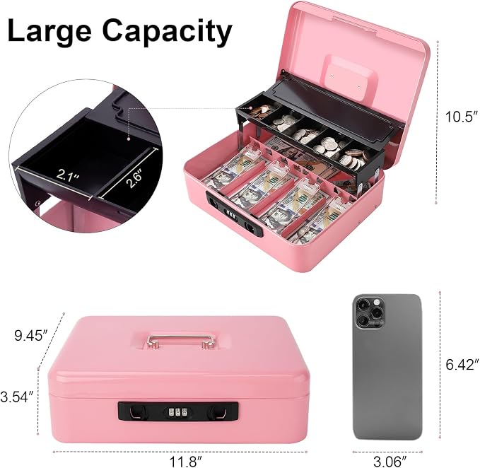 Jssmst Locking Cash Box with Money Tray and Coin Lid, 11.8L x 9.5W x 3.5H Inches, Cash Box with Combination Lock Safe Money Saving Organizer Box, Pink, XLarge