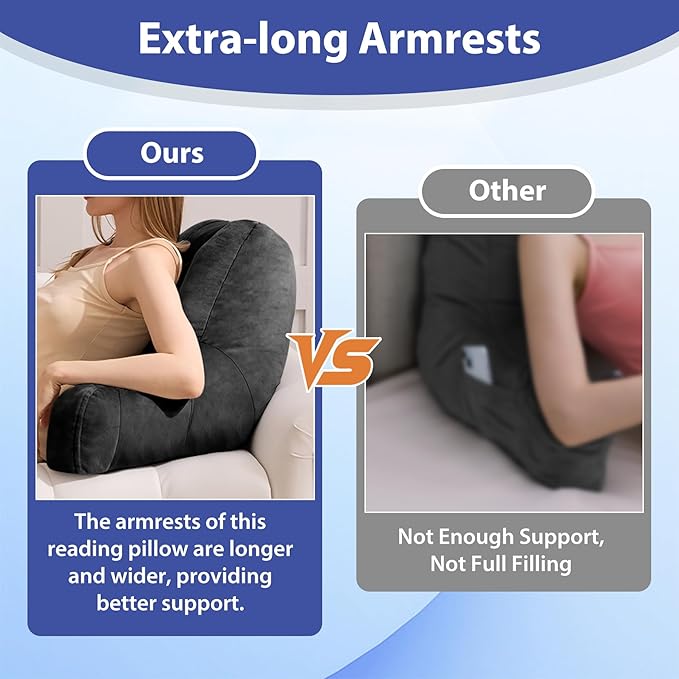 Reading Pillows for Sitting in Bed Adult, Back Pillow for Bed Sitting Up, Backrest Pillows with Shredded Foam for Adult&Teens, Support Pillow with Arms for Beds, Couch, Floor, 18in, Black