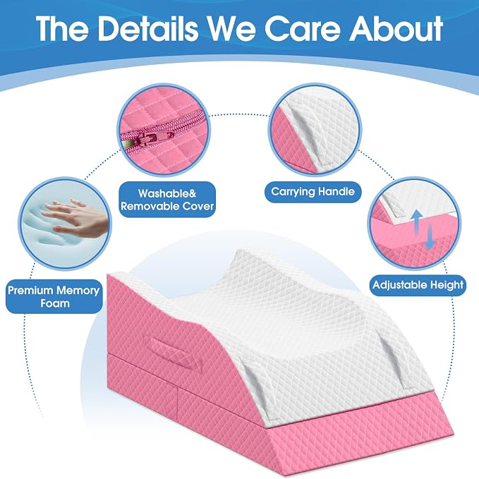 TranquilRelax Elevation Pillows for Leg After Surgery, Memory Foam Adjustable Wedge Pillow for Injury or Rest, Ankle Pillow for Sleeping Blood Circulation, Pink/Double Leg