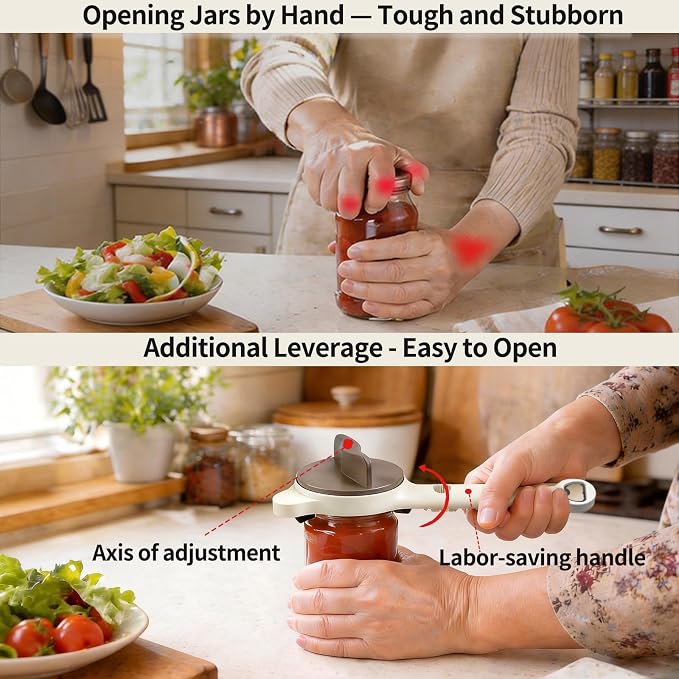 4-in-1 Jar Opener for Weak Hands, Seniors with Arthritis (Beige) | Multi-Purpose Lid Opener, Includes Magnetic Hook & Rubber Gripper, for Jars, Bottles and Beer Caps, Simple Twist-off