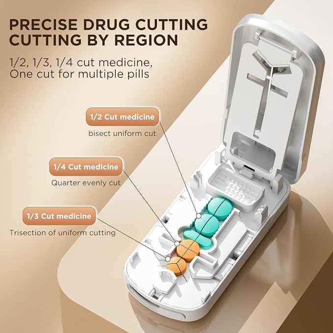 Pill Cutter Splitter for Small and Tiny Pills, 1/2 1/3 1/4 Pill Splitter for Small Pills,Vitamins, Tablets in Half or Quarters, Accurate and Easy Cutting, Stainless Steel Blade, Back Storage (White)