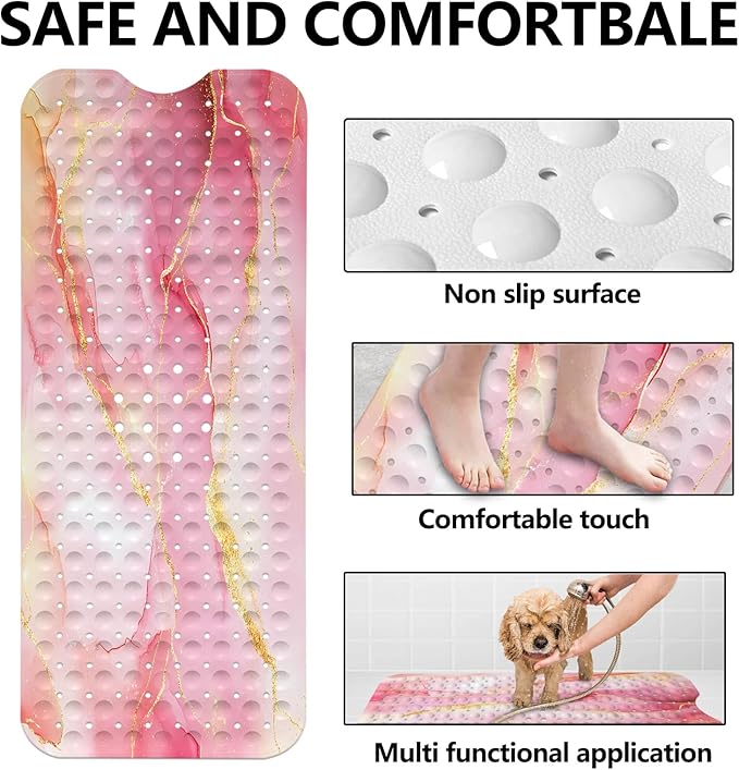 LNOND Marble Bath Tub Mat Non Slip, Extra Long 40 X 16 Inch Anti Slip Mat for Bathtub, Pink Gold Marble Shower Mat with Drain Holes and Suction Cups, Machine Washable