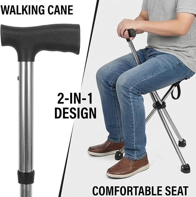 Cane with Seat Foldable Lightweight, Walking Cane with seat, Adjustable Walking Stick for Seniors & Elderly, with Padded Seat and Non-Slip Base for Outdoor Walking, Hiking, and Travel Assistance
