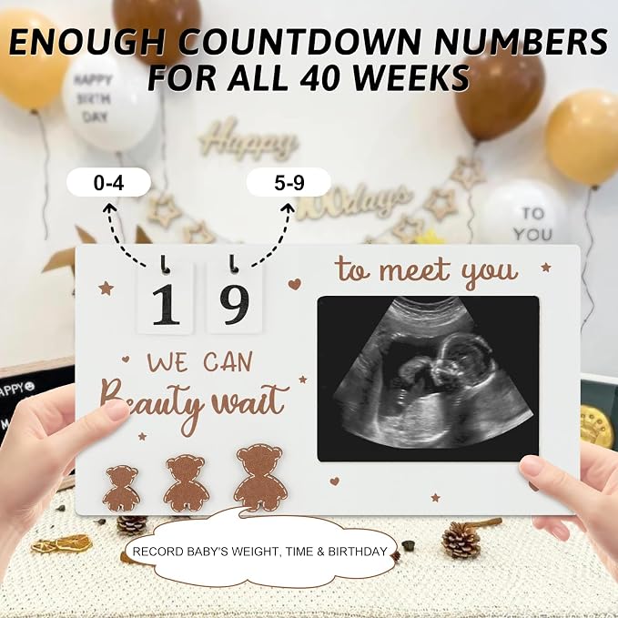 Draupnir Sonogram Picture Frame, Wooden Ultrasound Photo Frame with Baby Countdown Weeks, Bear-Themed Ultrasound Keepsake Gift for Expecting Parents, New Mom - First Pregnancy, Announcement (Brown)