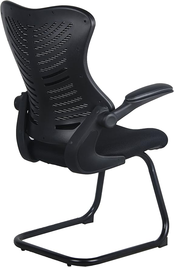 OfficeFactor Reception Guest Office Chairs with Flip Up Arms – Comfortable Mesh, Ergonomic Contour, Modern Convertible Furniture for Visitors, Meeting Groups 300 Lbs Rated (Black)