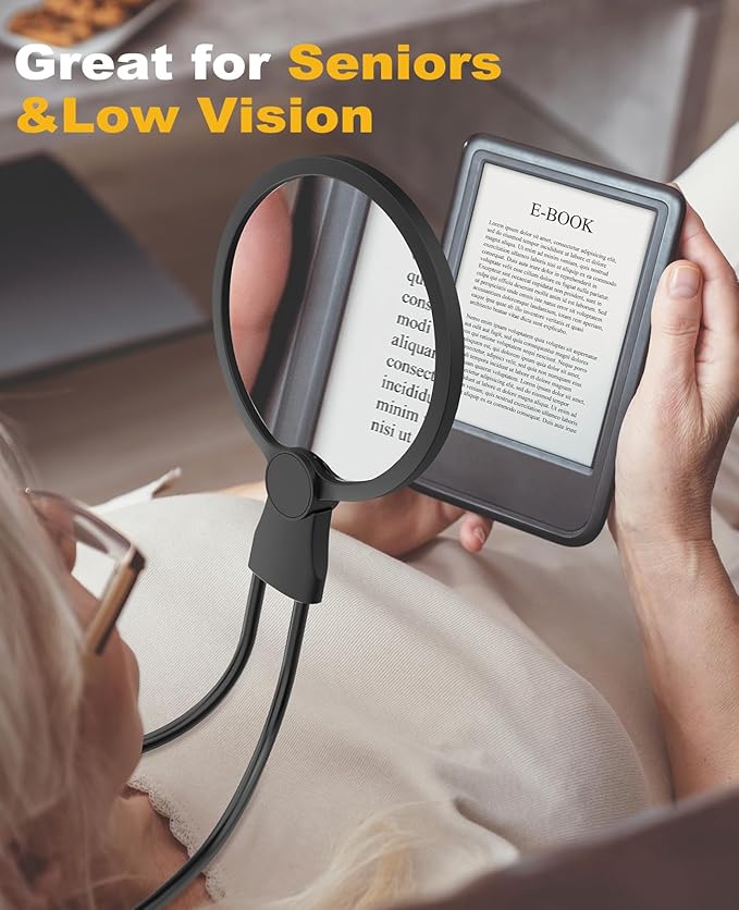 5X Hands Free Magnifying Glass with Light for Close Work,Neck Wear Magnifier for Reading Books,Sewing, Cross Stitch.Low Vision Seniors with Aging Eyes(Black)