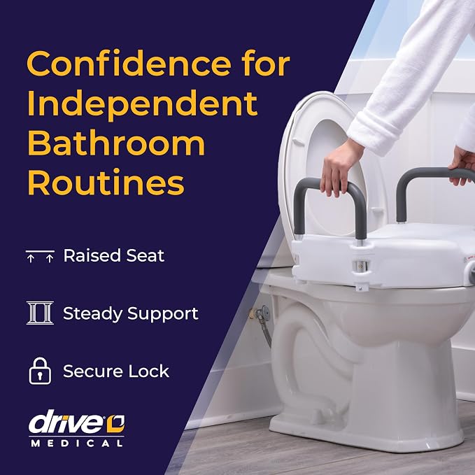 Drive Medical 2-in-1 Raised Toilet Seat with Removable Padded Arms | Raised Toilet Seat Offers Removable Padded Arms and Secure Locking Attachment for Standard Toilets and Safety