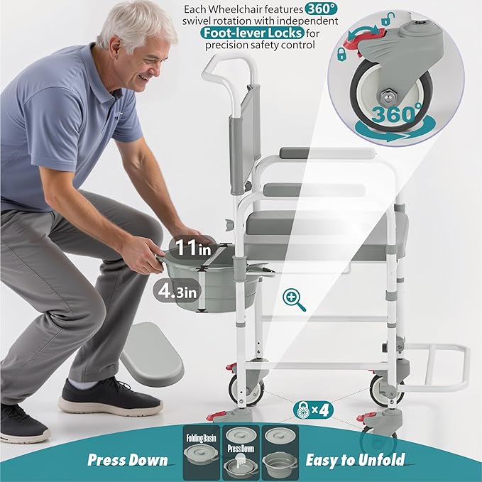 Bedside Commode with Wheels, Shower Wheelchair with 300 LBS Weight Capacity, Portable Toilet with Bucket for Elderly and Disabled