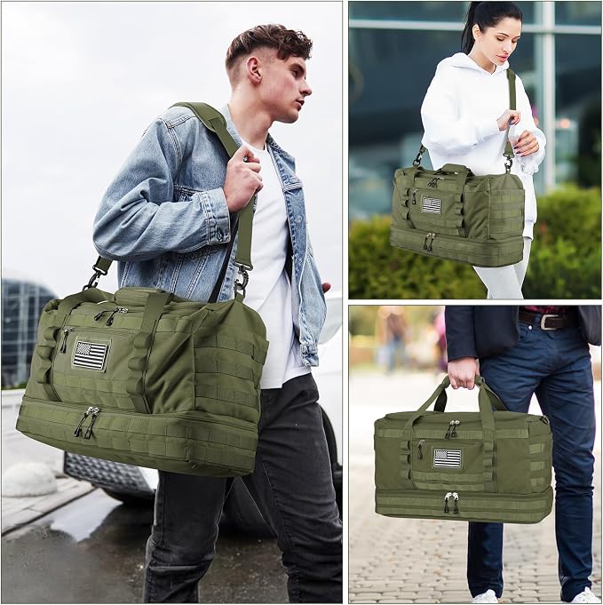 Gym Bag for Men Women, Carry on Luggage 22x14x9 Airline Approved Duffle Bag | Tactical Travel Bags with Toiletry Bag and Shoe Compartment, Weekender Overnight Duffel with Wet Pocket for Workout, Green