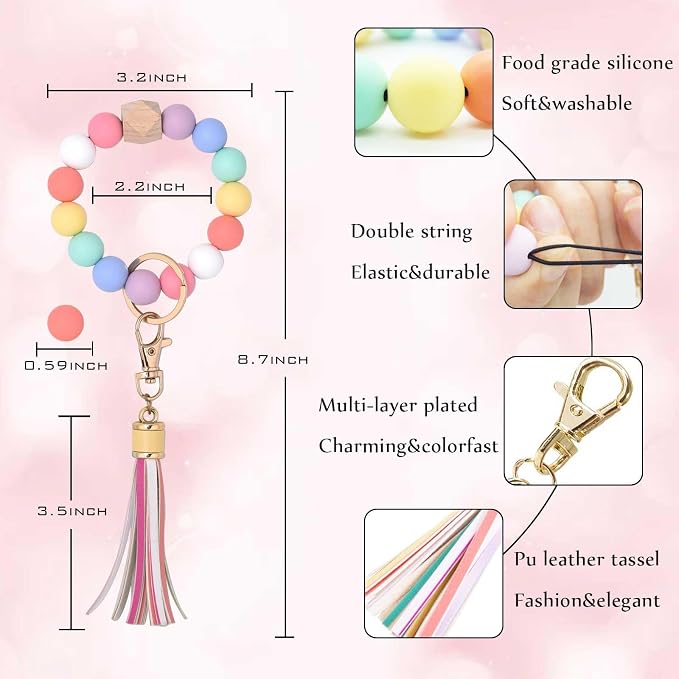 BAOSIWA Silicone Beaded Bracelet Keychain Wristlet Key Ring Bangle Chains for Women with Leather Tassel
