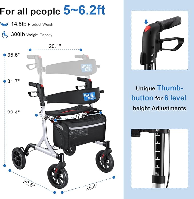 WALK MATE Rollator Walker for Seniors with Cup Holder, Upgraded Thumb Press Button for Height Adjustment, 4 x 8 Wheels Walker with Seat Padded Backrest Folding Lightweight Walking Aid, Silver