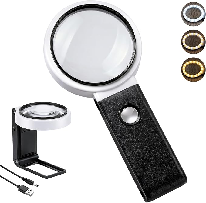 MoKo 10X 30X Magnifying Glass with Light and Stand for Close Work,Reading | Foldable Handheld Lighted Magnifier,32 LEDs 3 Modes,for Coins,Jewelry,Crafts,Seniors & Kids Gifts, Black