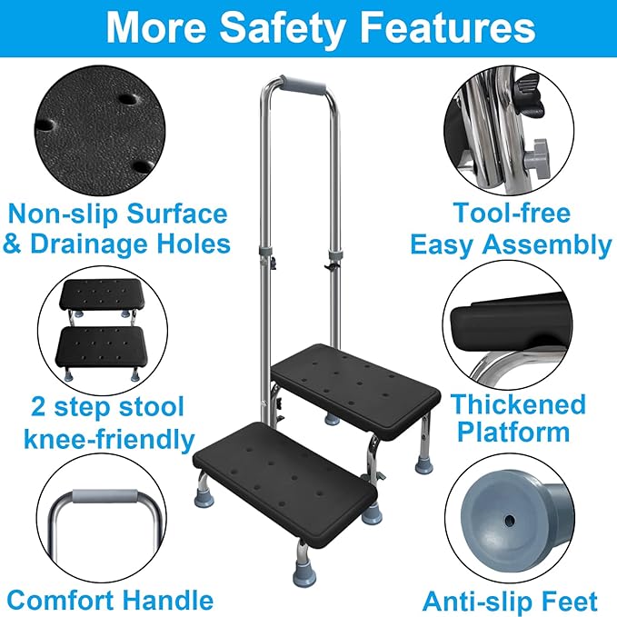 Aliseniors Step Stool with Handle, 400 lbs Adjustable 2 Steps Stool with Handrail for Adults and Seniors, Easy Assmbly Medical Foot Step Stool for Bed, Kitchen, Car, Bathtub