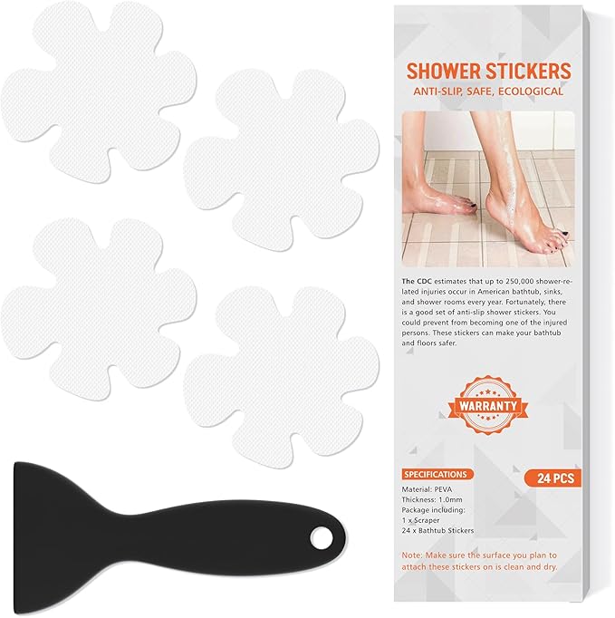 Non Slip Bathtub Stickers, 24 PCS Shower Stickers for Safety Bathroom Tubs, Bathtub Non Slip -Sticker and Adhesive Decals Scraper for Bath Tub, Shower Floor, Stairs, Ladders(Flower Shape, White)