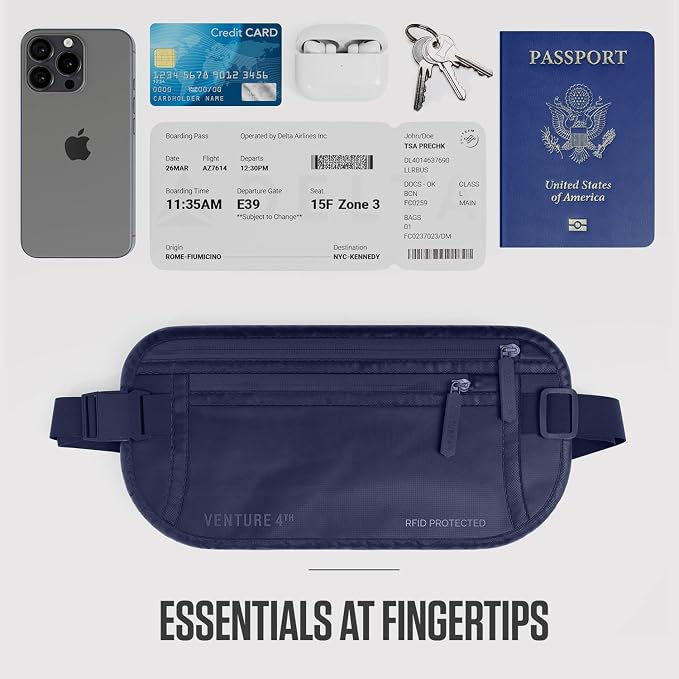 VENTURE 4TH Travel Money Belt, RFID Blocking Passport Holder - Sleek Navy