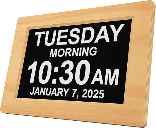 American Lifetime New 2025 Dementia Clock Large Digital Clock for Seniors, Alzeimer Clock Large Display with Custom Alarms, Clock with Day & Date for Elderly, Digital Calendar Premium Light Wood