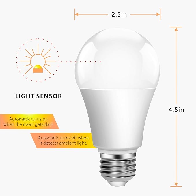 Outdoor Sensor Light Bulbs, E26 Dusk to Dawn Activated Security | Auto On/Off, Energy-Efficient, for Indoor Outdoor Lighting, Front Door Garage Basement Storage Closet, 120V, 3000K 2Pack