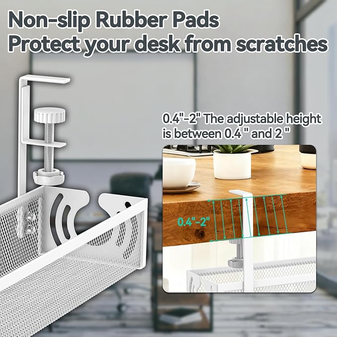Cable Management, 25.3'' Under Desk Cable Management Tray No Drill, Metal Cable Organizer with Clamp for Wire Management, Cord Organizer for Home Office, Desk Accessories Organizer, White
