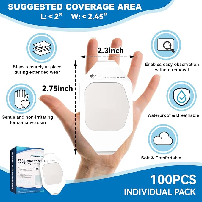 FRESINIDER Transparent Film Dressing 2.3” x 2.75” (100 Pack) – Small Waterproof Shower Bandages, Breathable Clear Wound Cover with Border for IV Shield, Post-Surgery Care & Tattoo Aftercare