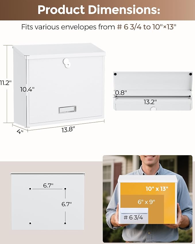 LAND·VOI Locking Wall-Mount Mailbox for Outside, with 4 Keys, Galvanized Steel Rustproof Metal Postbox, 4" Dx13.8 Wx11.2 H, Includes 3 Sets of Mailbox Numbers, Nameplate, White