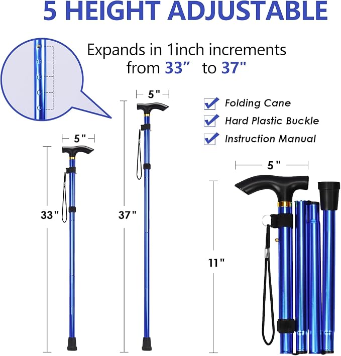 Walking Cane, Folding Cane for Man & Women, Portable Lightweight | 5-Level Adjustable Height, Collapsible Cane for Seniors Balancing Mobility Aid