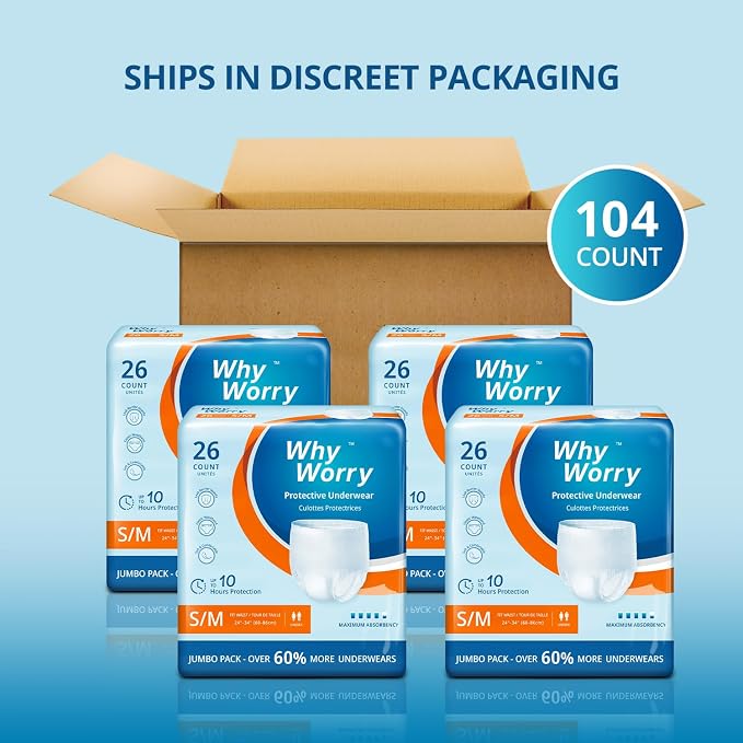 WhyWorry Incontinence Underwear for Women & Men, Small/Medium, 104 Count | Disposable Adult Pull Ups with Maximum Absorbency, Leakproof Adult Diaper Pants, Overnight Protection, Odor Control, Unisex