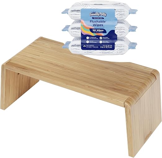 Squatty Potty Bamboo Folding Oslo Toilet Stool with Flushable Wipes Bundle | 3 Packs of 50 (150 Total Wet Wipes) with Bamboo Foldable Squat Bathroom Stool | Wet Wipes with Cucumber and Aloe Spa Scent