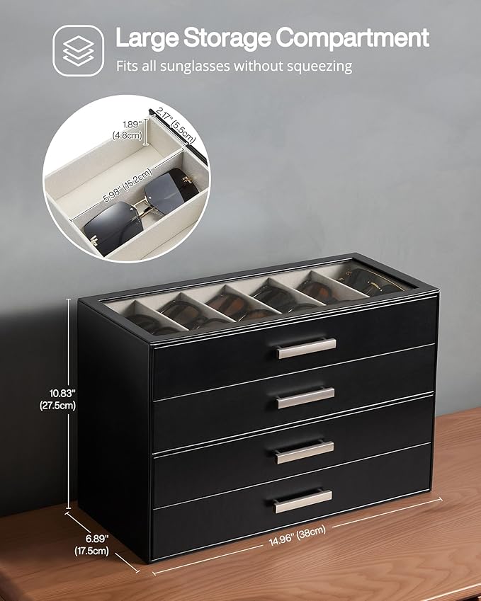 ProCase Sunglasses Organizer Box with Clear Glass Lid, PU Leather Eyeglass Storage Display Case for Men and Women