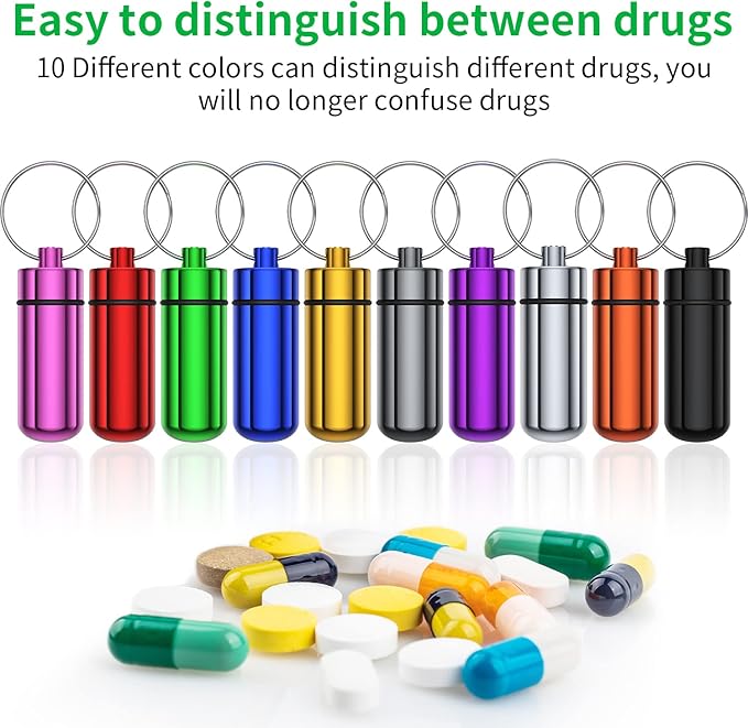 Small Portable Pill Case with Keychain(10 Pack), Urekt Waterproof Aluminum Pill Organizer Metal Mini Box Pocket Drug Storage Container for Outdoor Camping Travel