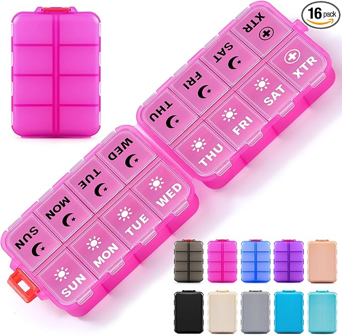 Foldable Weekly Pill Organizer 2 Times a Day with 2 Extra Compartments (Clear Printed Labels) - 7 Day AM PM Medicine Box, Week Daily Travel Pill Case Holder for Vitamin, Supplement - Clear Pink