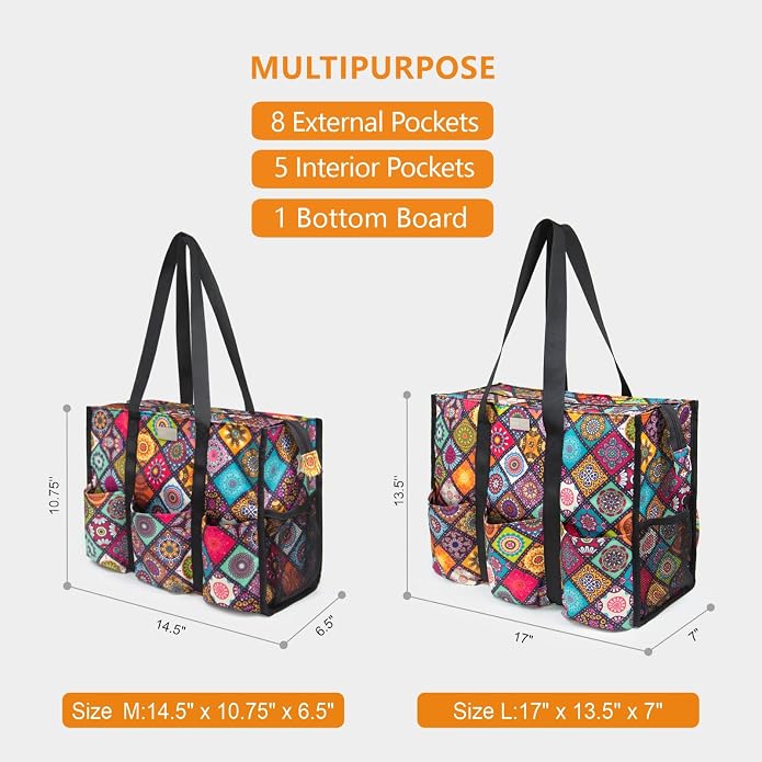 TOPDesign Utility Water Resistant Tote Bag with 13 Pockets, Top Zipper Closure & Thick Bottom Support, for Working Women