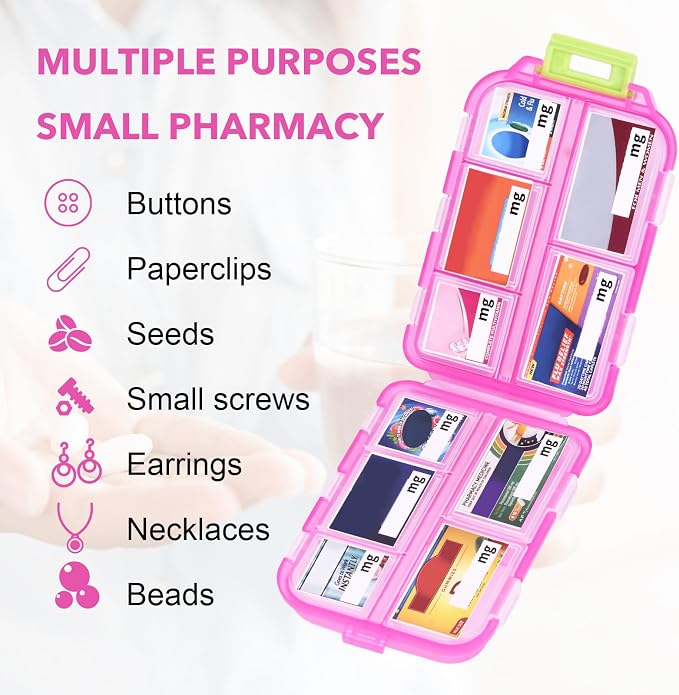 Travel Pill Organizer, 10 Compartments Small Portable Pill Case with 189 Medicine Labels, Compact Medicine Storage Box for Purse, Pocket, Airplane, Travel, Nurse Daily Use 3 Pack