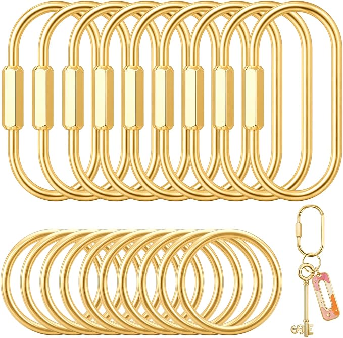 senbowe 9 Pack Gold Brass Key Rings, Carabiner KeyChain Clip with 10 O-Rings, Screw Lock Keys Organizer, Purse Bag Charms