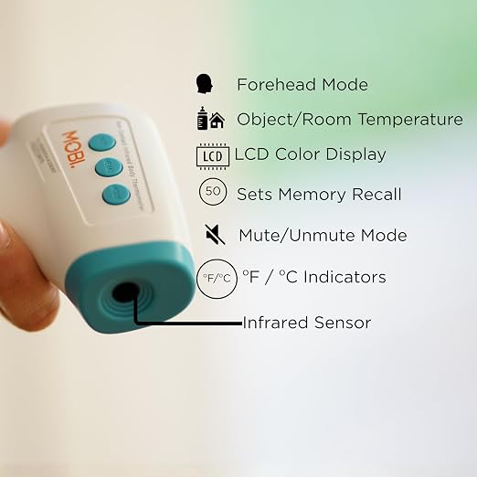 MOBI No Touch Forehead Thermometer for Baby, Kids & Adults, Fast 1-Second Digital Infrared Thermometer, Fever Indicator, Silent Mode, Touchless with Object & Room Mode