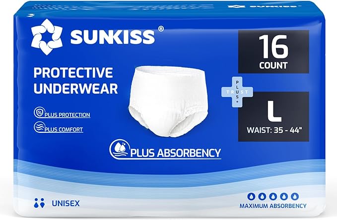 SUNKISS TrustPlus Unisex Incontinence Disposable Underwear, Large, 16 Count - Heavy Absorbency, Barrier Leak Protection, Odor Control, Soft, Flexible Fabric