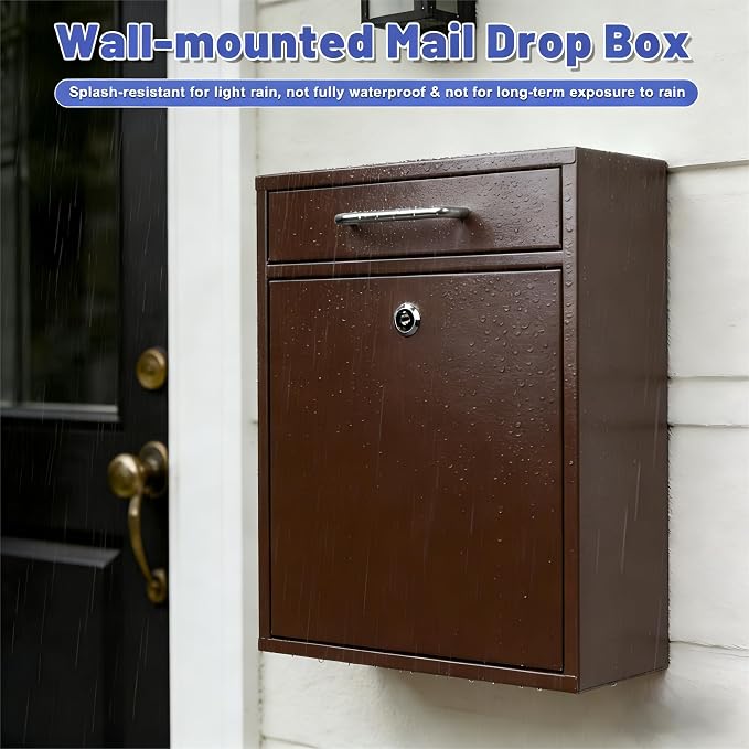 KYODOLED Locking Wall Mount Mailbox for Outside, Drop Box, X-Large, Bronze | Heavy-Duty Steel, Outdoor Mail Box with Key Lock, Large Capacity, Home, Office & Apartment Use, 16.2H × 11.2L × 4.6W In