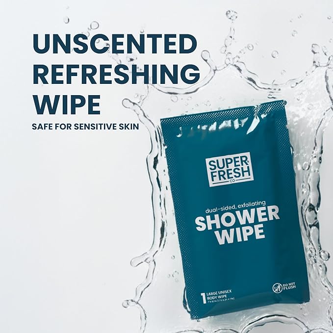 Super Fresh Shower Wipes Large Unscented Body Wipes for No Rinse Bathing Personal Hygiene Gym Travel or Camping Enriched with Aloe and Vitamin E 20 Individually Wrapped Disposable Sheets