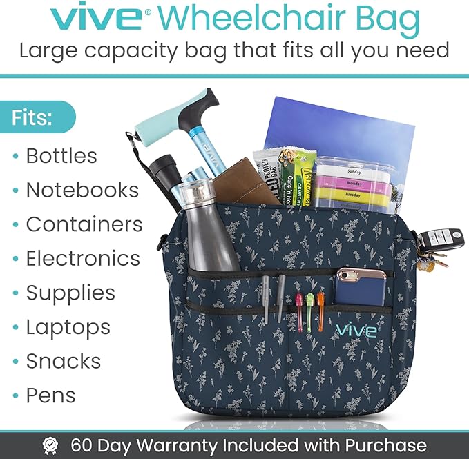 Vive Wheelchair Bag - Machine Washable, Double-Stitched, Water-Resistant Accessory Backpack for Rollators, Wheel Chairs, Walkers - Pouch with XL Pockets & Straps for Quick Installation
