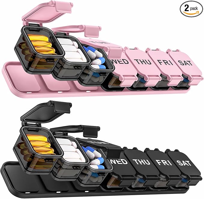 Yaklim Extra Large Weekly Pill Organizer - Waterproof 7-Day Pill Box, Portable Vitamin & Supplement Case, Easy to Open Design, Ideal for Travel and Daily Medication Management (Blackpink, 2 Packs)