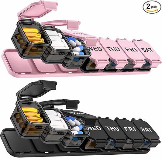Yaklim Extra Large Weekly Pill Organizer - Waterproof 7-Day Pill Box, Portable Vitamin & Supplement Case, Easy to Open Design, Ideal for Travel and Daily Medication Management (Blackpink, 2 Packs)