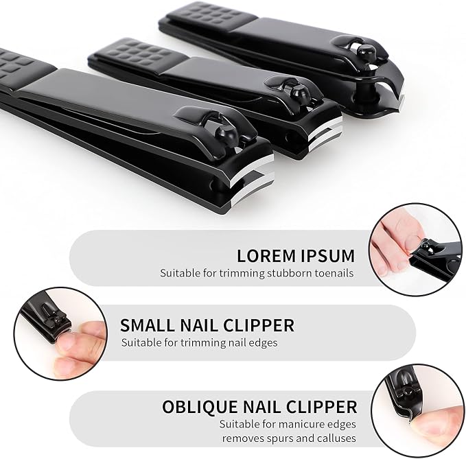 Aogeili Nail Clippers Set, Sharp Stainless Steel Fingernail & Toenail Clippers, Black Nail Cutter, Perfect 3 PCS Black Nail Cutter for Men and Women.
