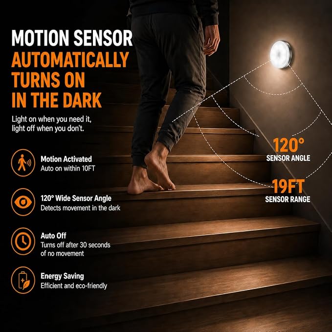 Motion Sensor Night Light Rechargeable, Magnetic Puck Lights, 3 Modes & Dimmable, Motion Sensor Stair Lights Indoor for Bedroom Bathroom Kitchen Hallway Cruise (White Light)
