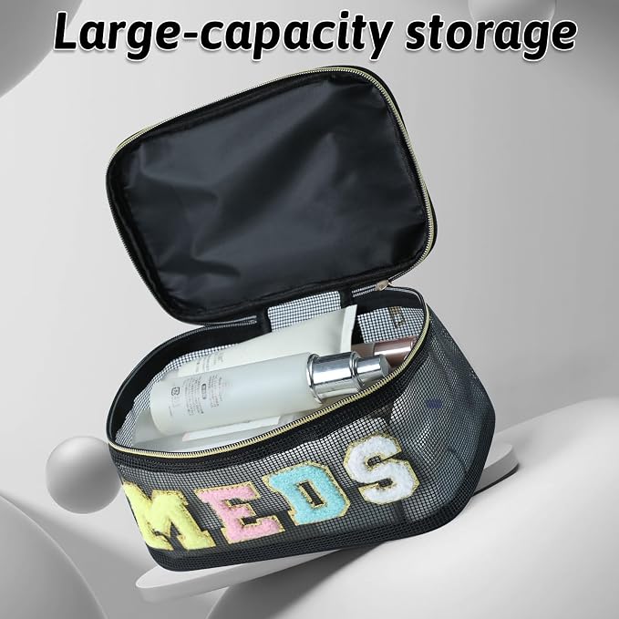 Medicine Bag, Portable Meds Bag with Chenille Letters, Breathable Mesh Makeup Bag Organizer for Travel, Pill Storage & Cosmetic Collection