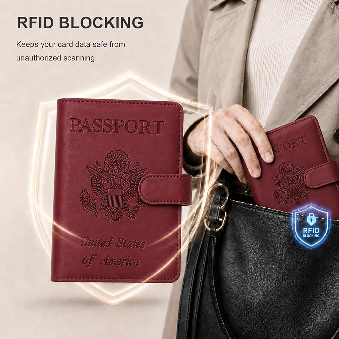 Passport Holder with Air-Tag Slot RFID Blocking Leather Travel Wallet | Multiple Card Compartments, SIM Card Access, Compact Carry Design, Flight Ready Essentials for Men & Women, Red