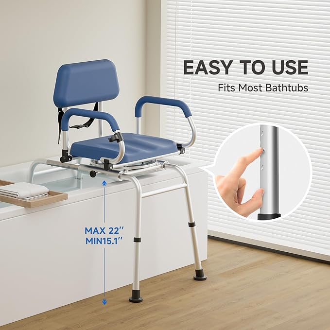 Sliding Shower Chair Tub Transfer Bench with Swivel Seat, Premium Padded Seat and Backrest, Pivoting Arms, Height Adjustable for Tubs, Inside Shower, for Handicap & Seniors，350 Lbs