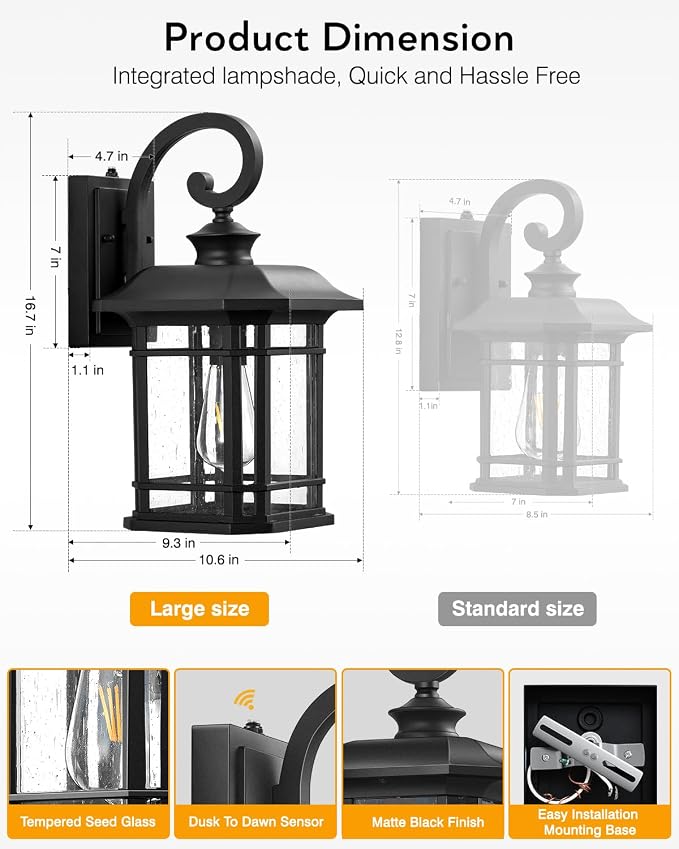 VIANIS 16.7 in Large Black Dusk to Dawn Outdoor Lighting, Anti-Rust Porch Light Fixture with Seed Tempered Glass, Waterproof Outdoor Wall Lights, Exterior Lighting Fixtures for House, Garden, Garage